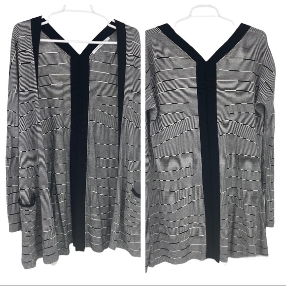 DIANE VON FURTSENBERG BLACK WHITE LONG KNIT LINE CARDIGAN SWEATER POCKETS - Picture 1 of 6